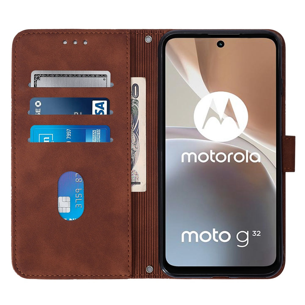 YB Imprinting Series-1 For Motorola Moto G32 4G PU Leather Imprinted Lines Business Phone Case Wallet Stand Cover with Hand Strap