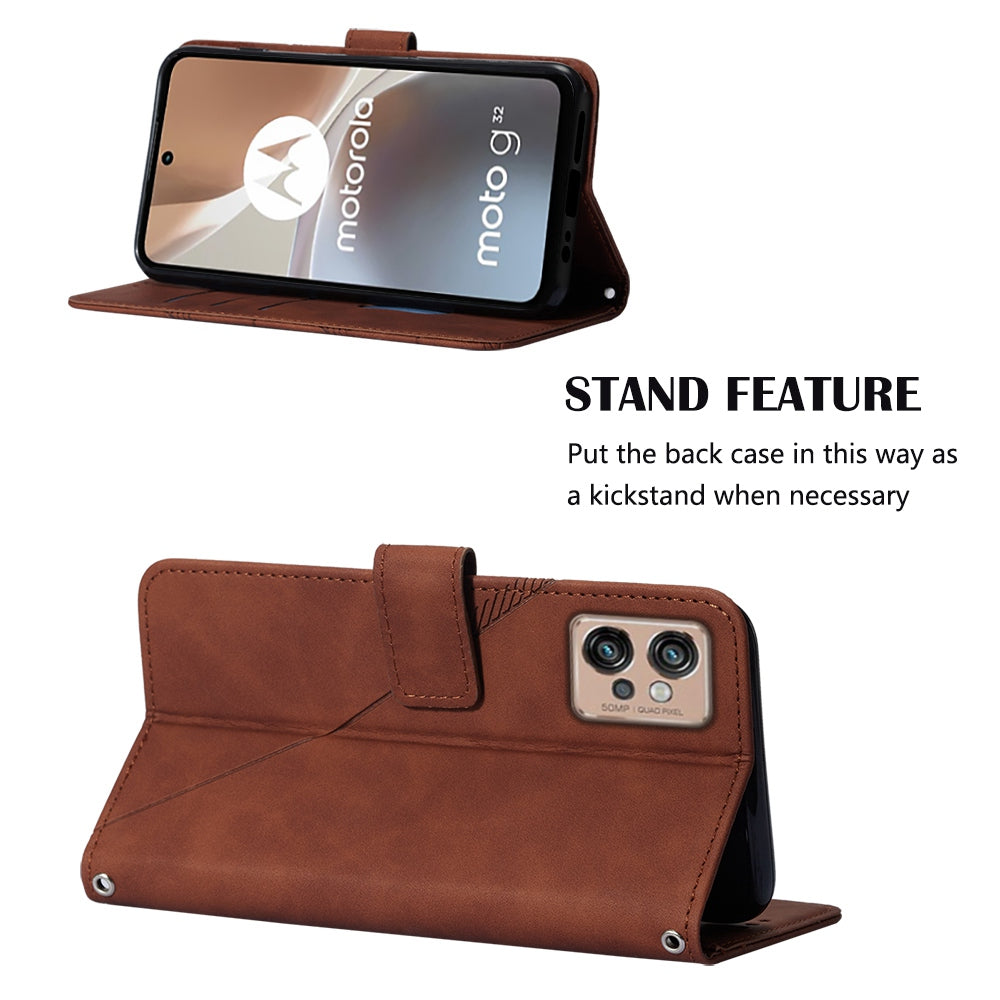 YB Imprinting Series-1 For Motorola Moto G32 4G PU Leather Imprinted Lines Business Phone Case Wallet Stand Cover with Hand Strap
