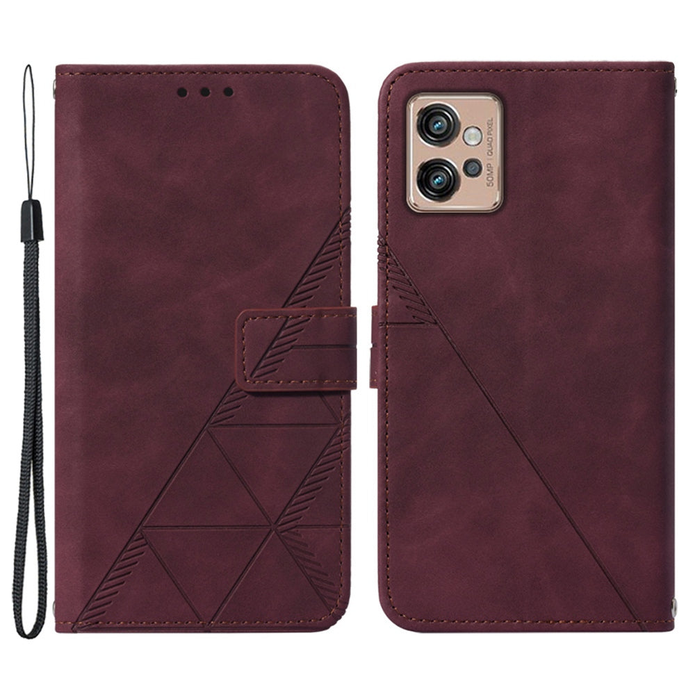 YB Imprinting Series-1 For Motorola Moto G32 4G PU Leather Imprinted Lines Business Phone Case Wallet Stand Cover with Hand Strap