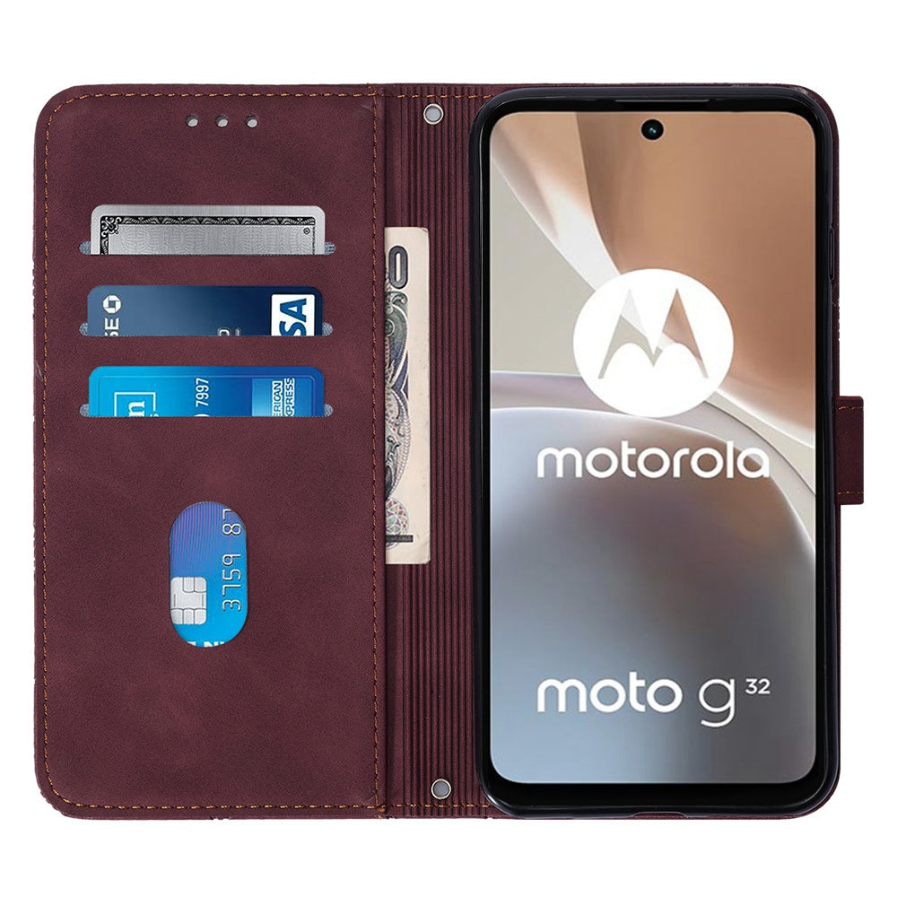 YB Imprinting Series-1 For Motorola Moto G32 4G PU Leather Imprinted Lines Business Phone Case Wallet Stand Cover with Hand Strap