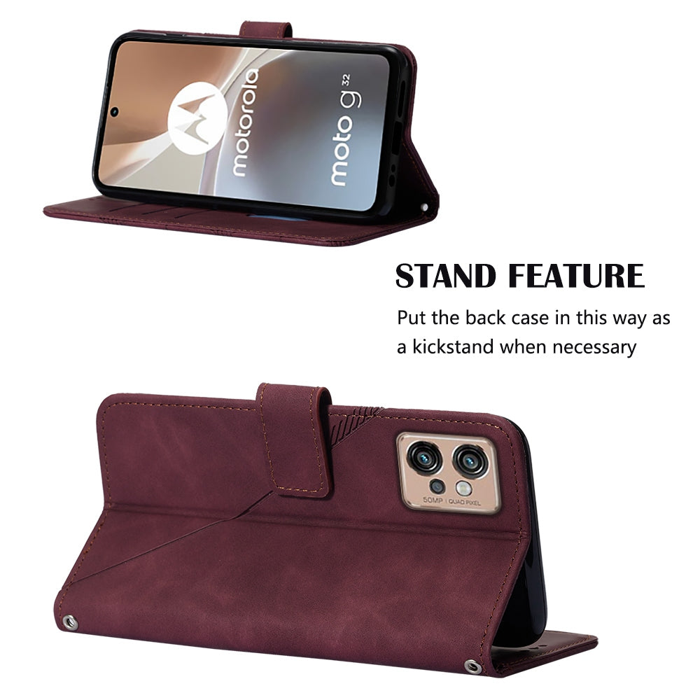 YB Imprinting Series-1 For Motorola Moto G32 4G PU Leather Imprinted Lines Business Phone Case Wallet Stand Cover with Hand Strap