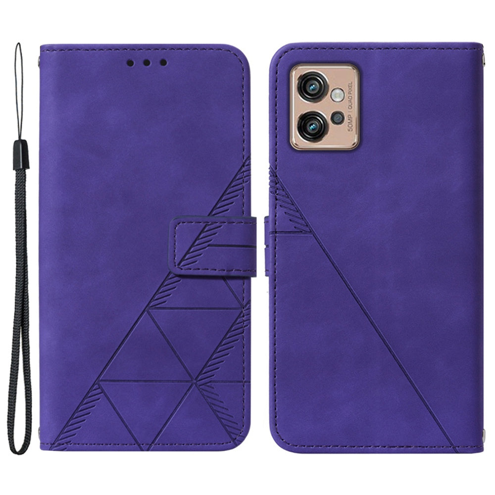 YB Imprinting Series-1 For Motorola Moto G32 4G PU Leather Imprinted Lines Business Phone Case Wallet Stand Cover with Hand Strap