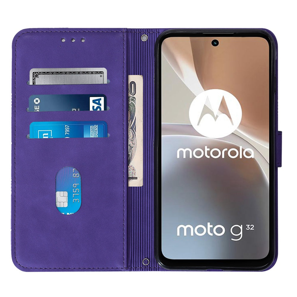 YB Imprinting Series-1 For Motorola Moto G32 4G PU Leather Imprinted Lines Business Phone Case Wallet Stand Cover with Hand Strap