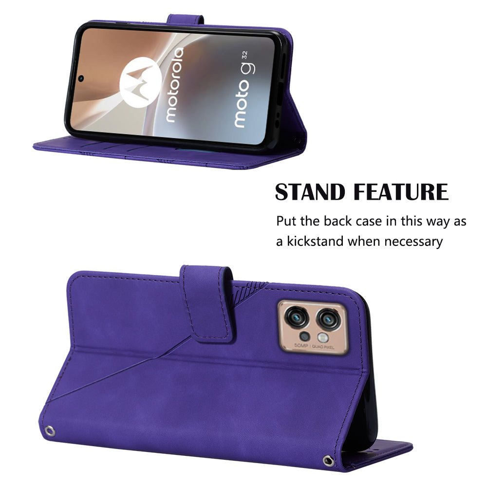 YB Imprinting Series-1 For Motorola Moto G32 4G PU Leather Imprinted Lines Business Phone Case Wallet Stand Cover with Hand Strap