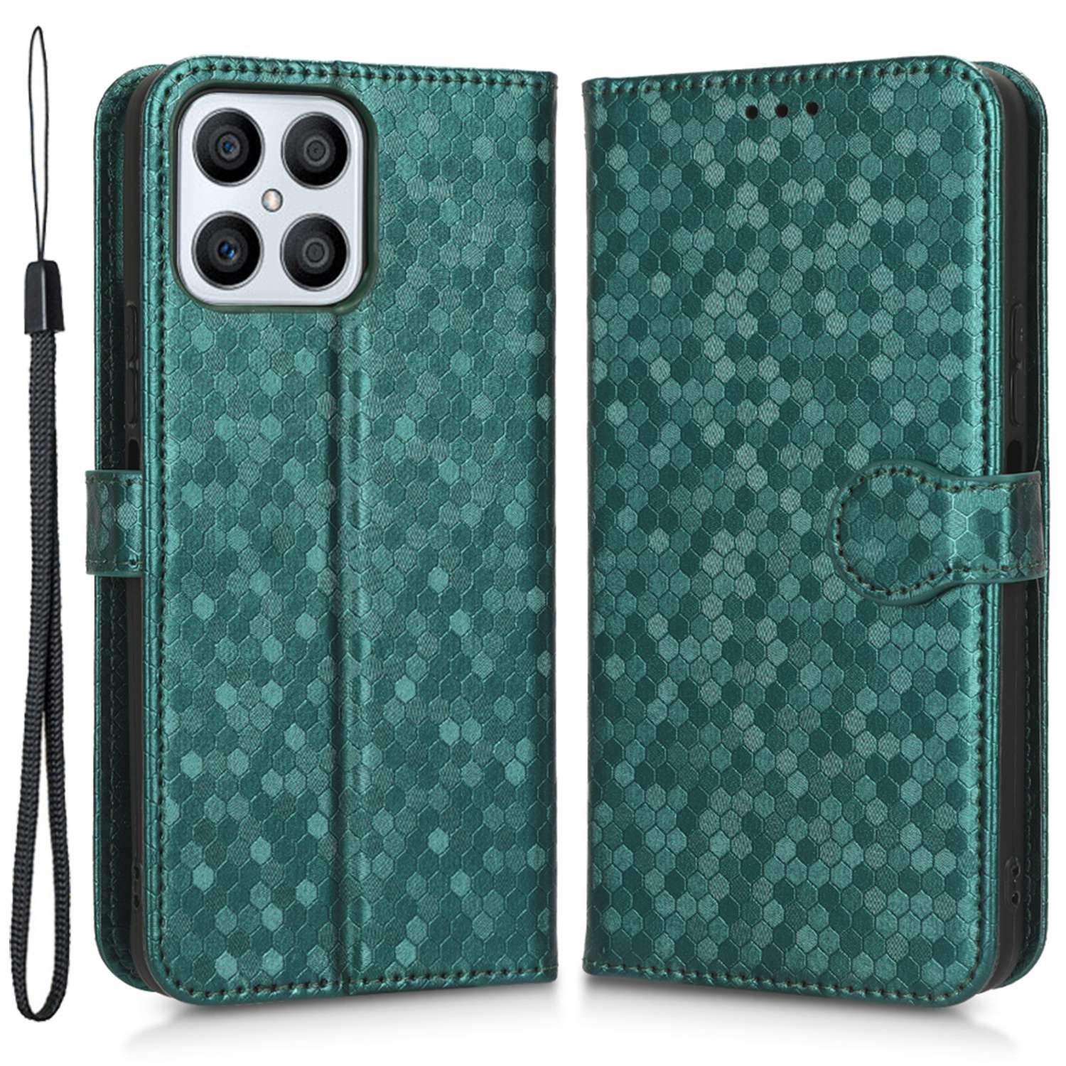 For Honor X8 4G Full Coverage PU Leather Phone Cover Dot Pattern Imprinted Wallet Stand Magnetic Phone Case with Strap