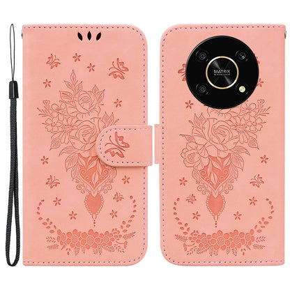 For Honor X9 4G / 5G Imprinted Rose Butterfly Leather Flip Phone Case Stand Magnetic Protective Wallet Cover with Strap