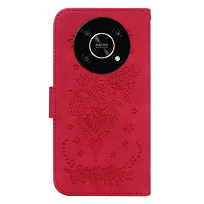 For Honor X9 4G / 5G Imprinted Rose Butterfly Leather Flip Phone Case Stand Magnetic Protective Wallet Cover with Strap