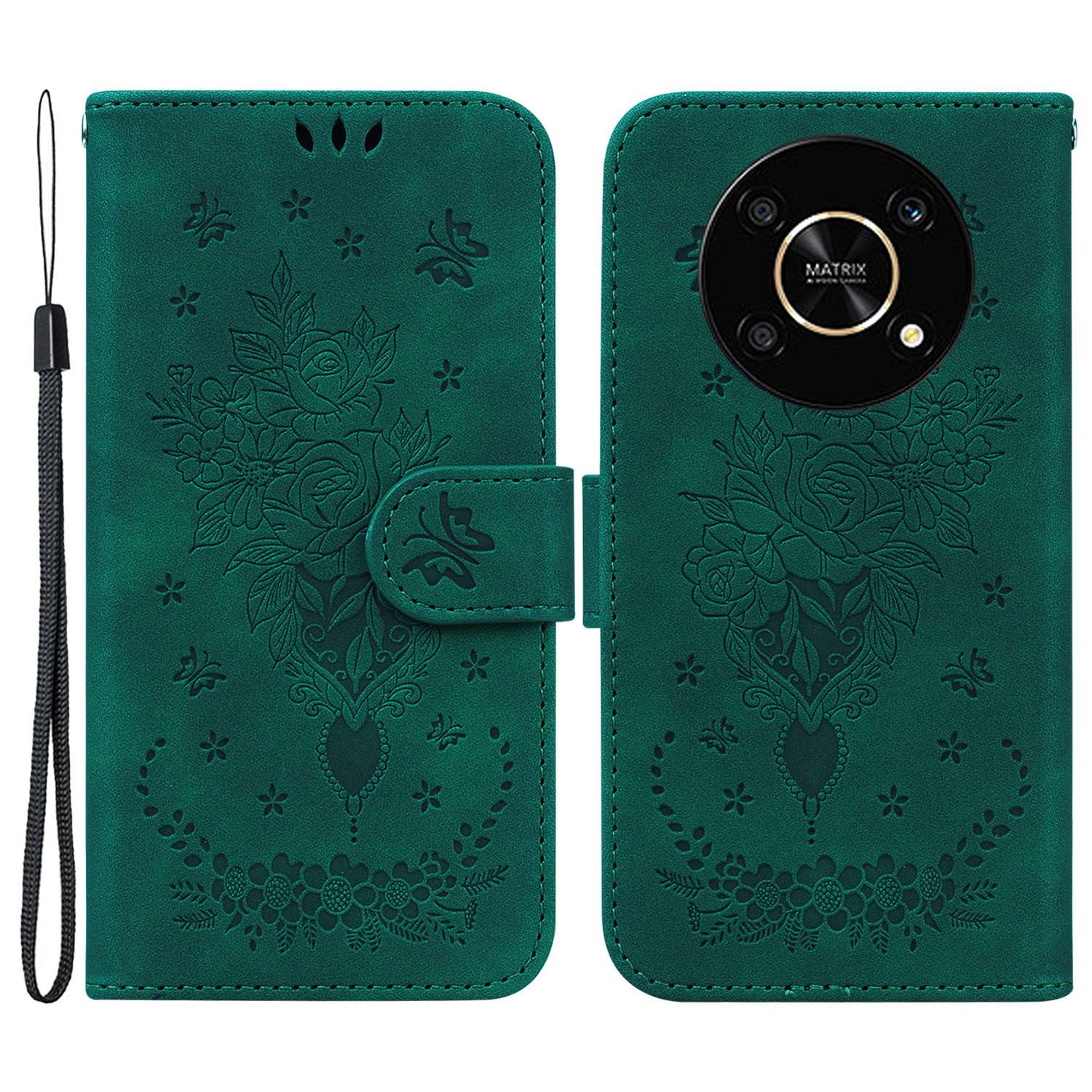 For Honor X9 4G / 5G Imprinted Rose Butterfly Leather Flip Phone Case Stand Magnetic Protective Wallet Cover with Strap