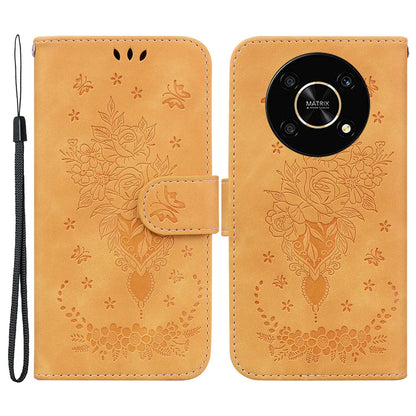 For Honor X9 4G / 5G Imprinted Rose Butterfly Leather Flip Phone Case Stand Magnetic Protective Wallet Cover with Strap
