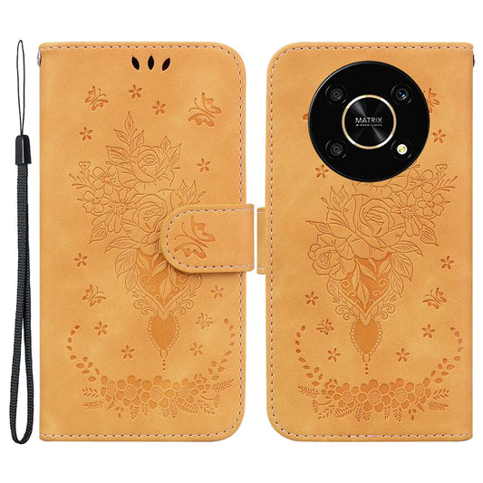 For Honor X9 4G / 5G Imprinted Rose Butterfly Leather Flip Phone Case Stand Magnetic Protective Wallet Cover with Strap