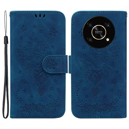 For Honor X9 4G / 5G Imprinted Rose Butterfly Leather Flip Phone Case Stand Magnetic Protective Wallet Cover with Strap