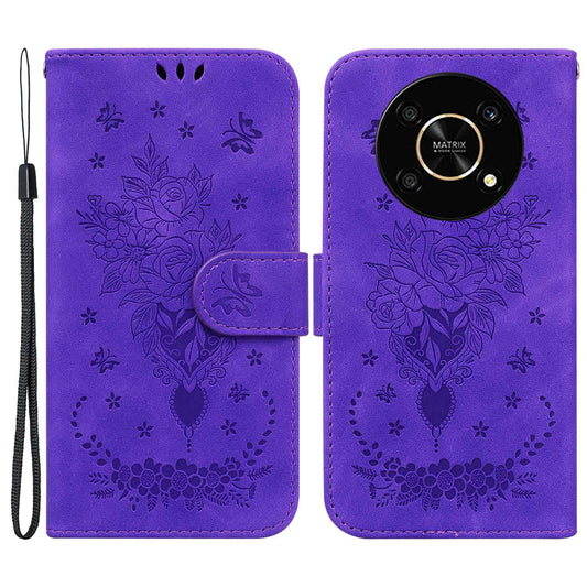 For Honor X9 4G / 5G Imprinted Rose Butterfly Leather Flip Phone Case Stand Magnetic Protective Wallet Cover with Strap