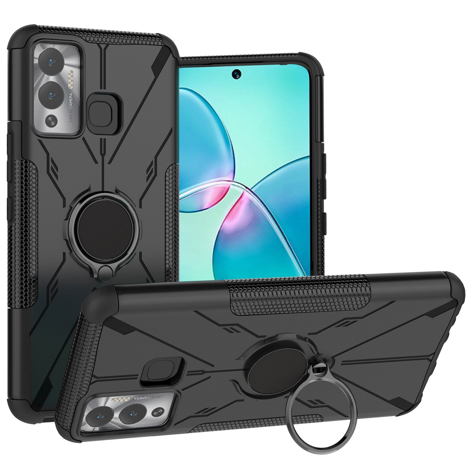 For Infinix Hot 12 Play 4G PC + TPU 2-in-1 Phone Drop-proof Cover Ring Kickstand Design Protective Back Case