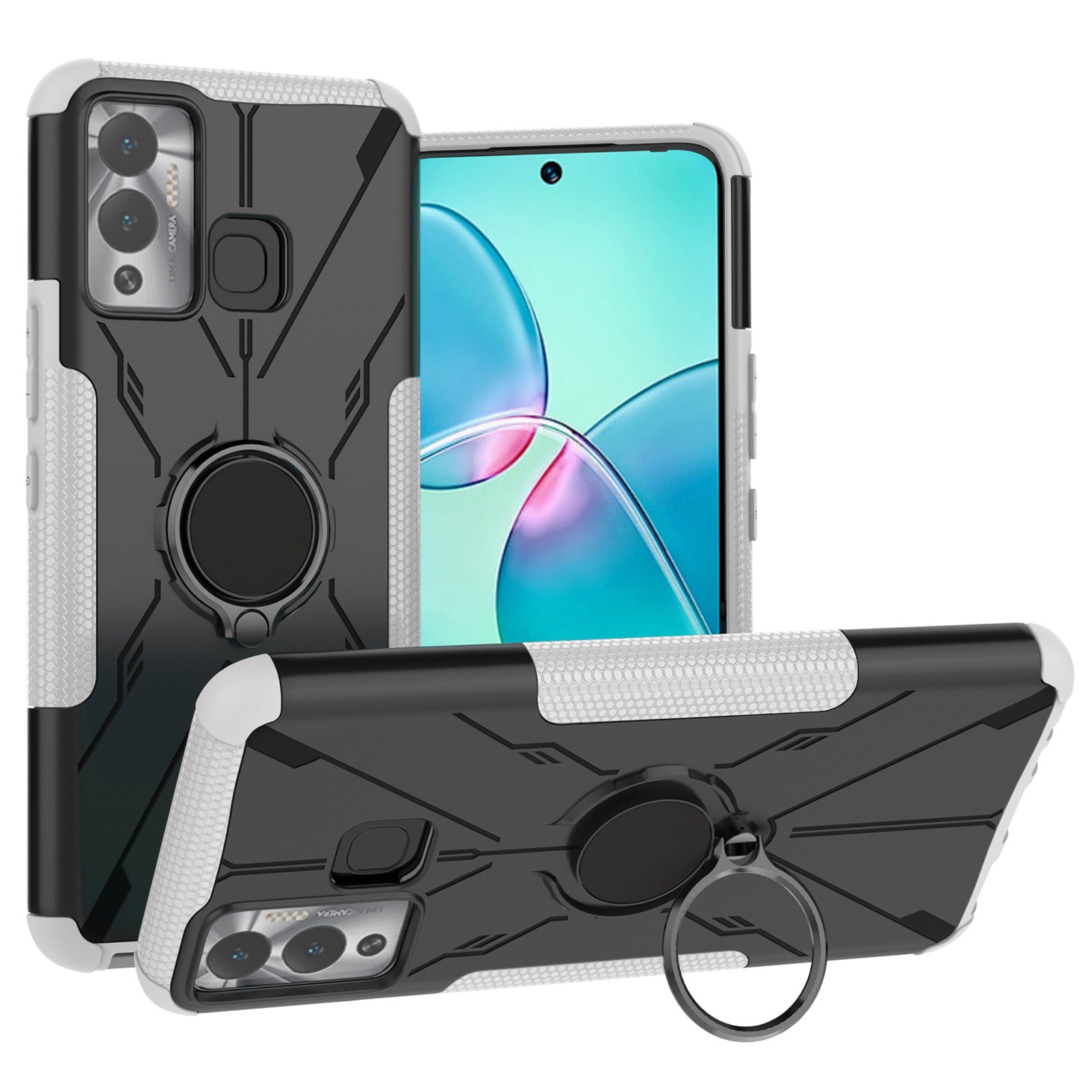 For Infinix Hot 12 Play 4G PC + TPU 2-in-1 Phone Drop-proof Cover Ring Kickstand Design Protective Back Case