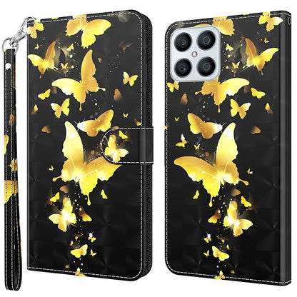 For Honor X8 4G PU Leather Folio Flip Wallet Phone Case Stand Function 3D Creative Pattern Printed Design Full-Body Protective Cover with Strap
