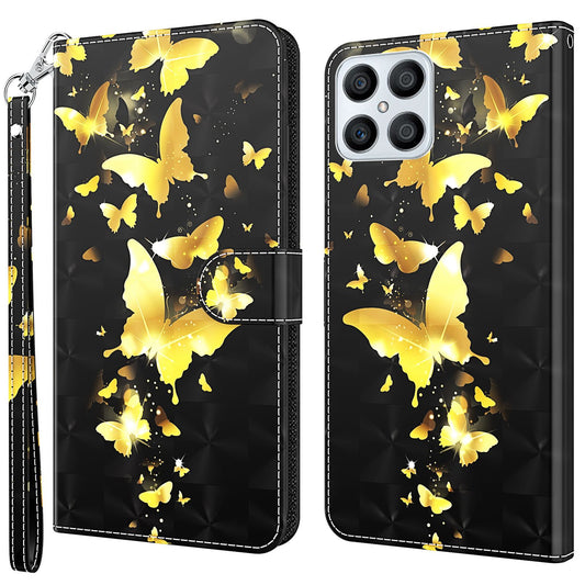 For Honor X8 4G PU Leather Folio Flip Wallet Phone Case Stand Function 3D Creative Pattern Printed Design Full-Body Protective Cover with Strap