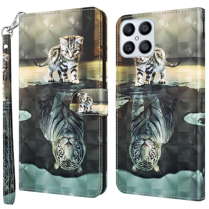 For Honor X8 4G PU Leather Folio Flip Wallet Phone Case Stand Function 3D Creative Pattern Printed Design Full-Body Protective Cover with Strap