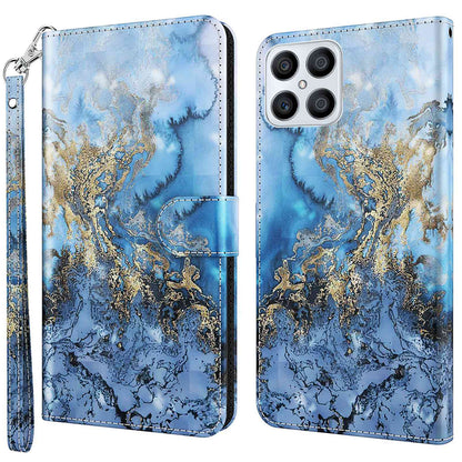 For Honor X8 4G PU Leather Folio Flip Wallet Phone Case Stand Function 3D Creative Pattern Printed Design Full-Body Protective Cover with Strap
