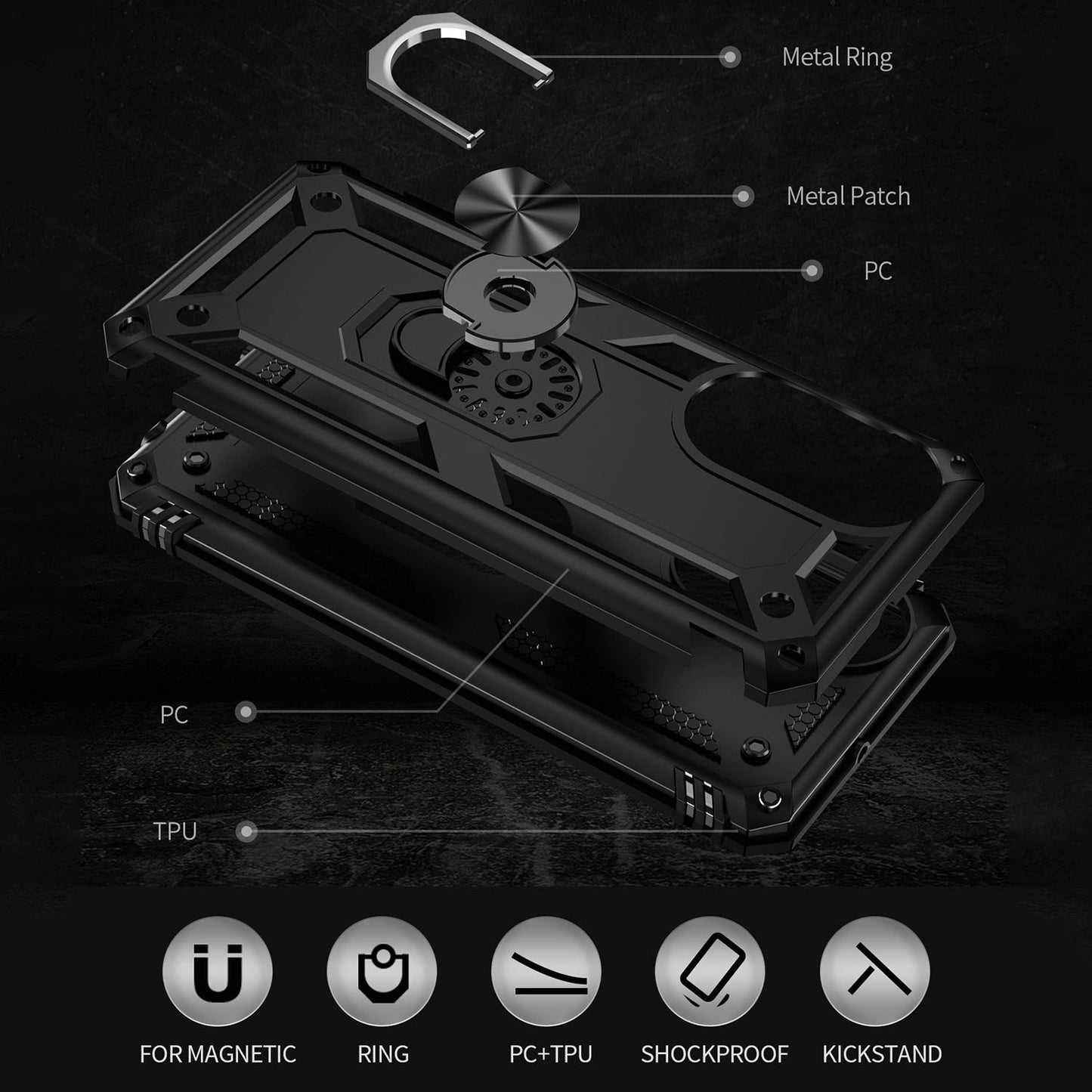 For Honor X7 Military Grade Protective Case Ring Kickstand Hybrid PC + TPU Shockproof Phone Cover