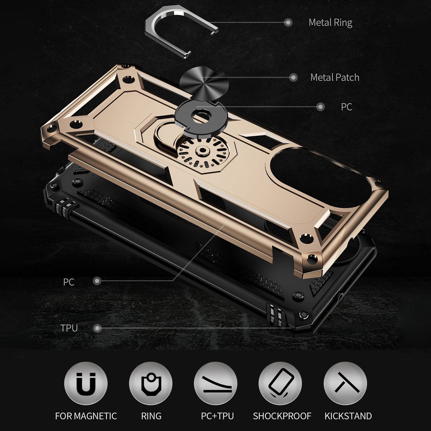 For Honor X7 Military Grade Protective Case Ring Kickstand Hybrid PC + TPU Shockproof Phone Cover