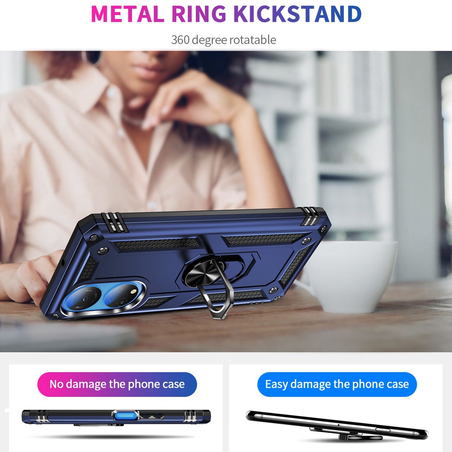 For Honor X7 Military Grade Protective Case Ring Kickstand Hybrid PC + TPU Shockproof Phone Cover