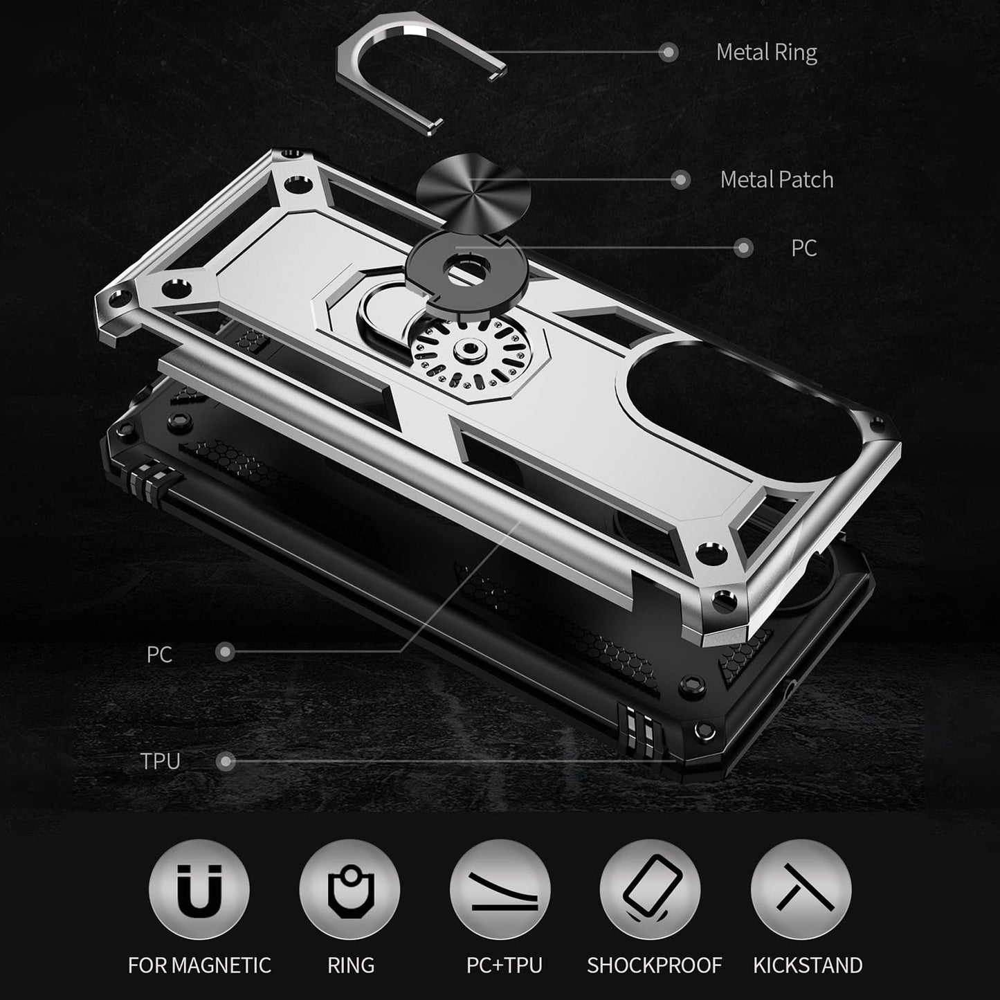 For Honor X7 Military Grade Protective Case Ring Kickstand Hybrid PC + TPU Shockproof Phone Cover