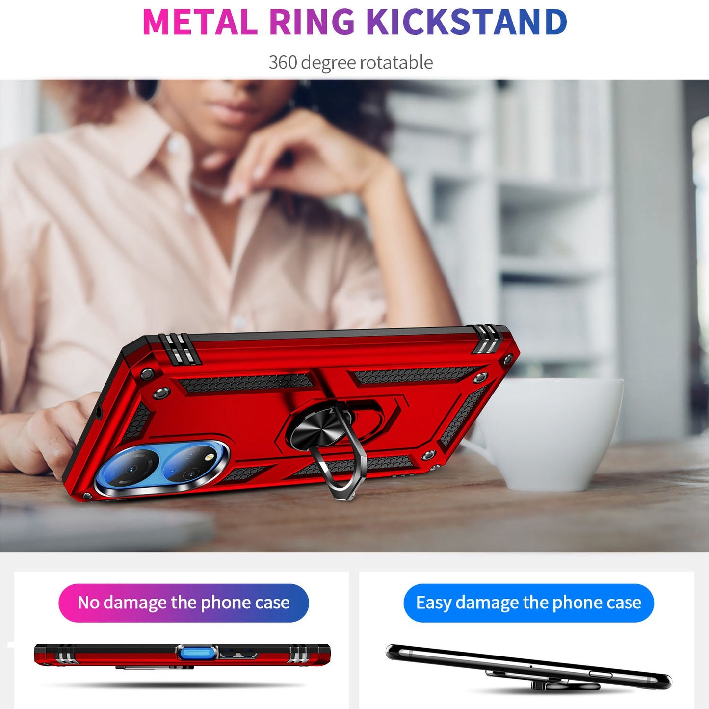 For Honor X7 Military Grade Protective Case Ring Kickstand Hybrid PC + TPU Shockproof Phone Cover
