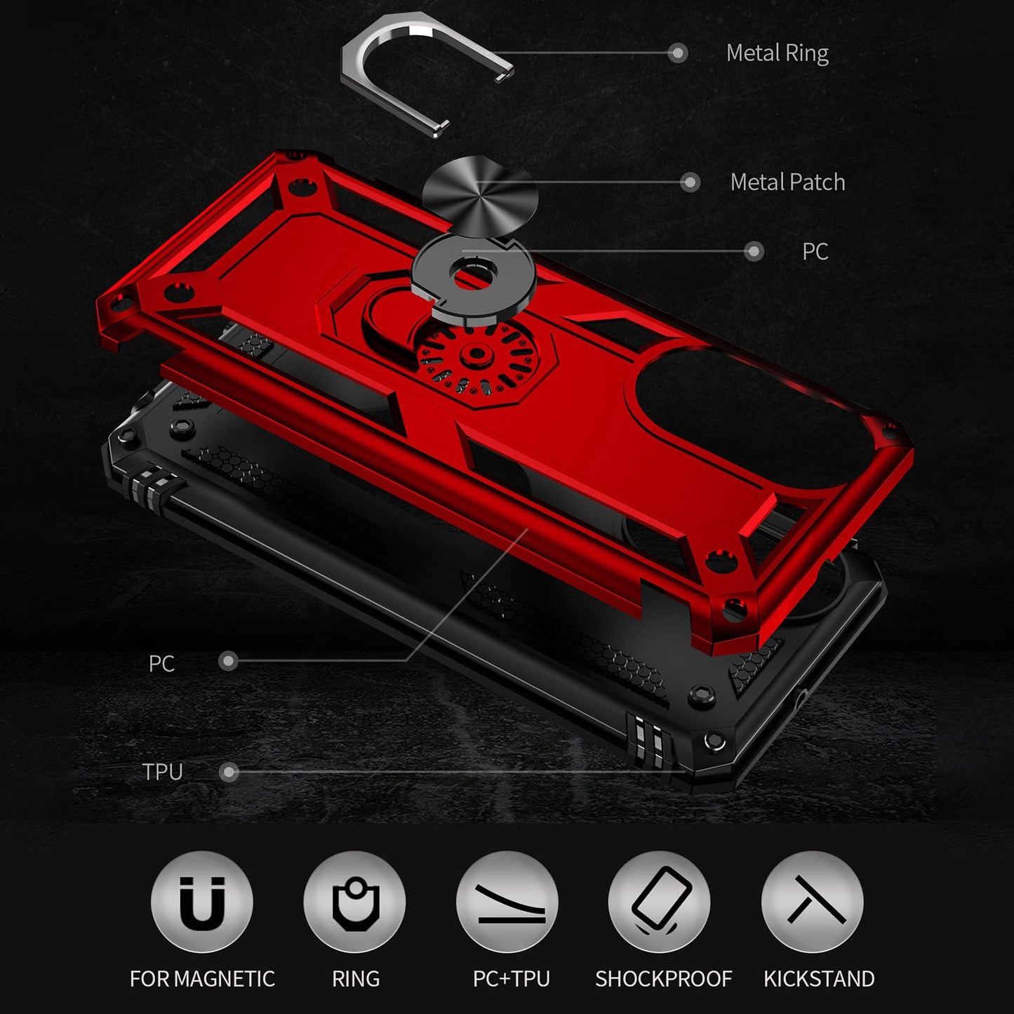 For Honor X7 Military Grade Protective Case Ring Kickstand Hybrid PC + TPU Shockproof Phone Cover