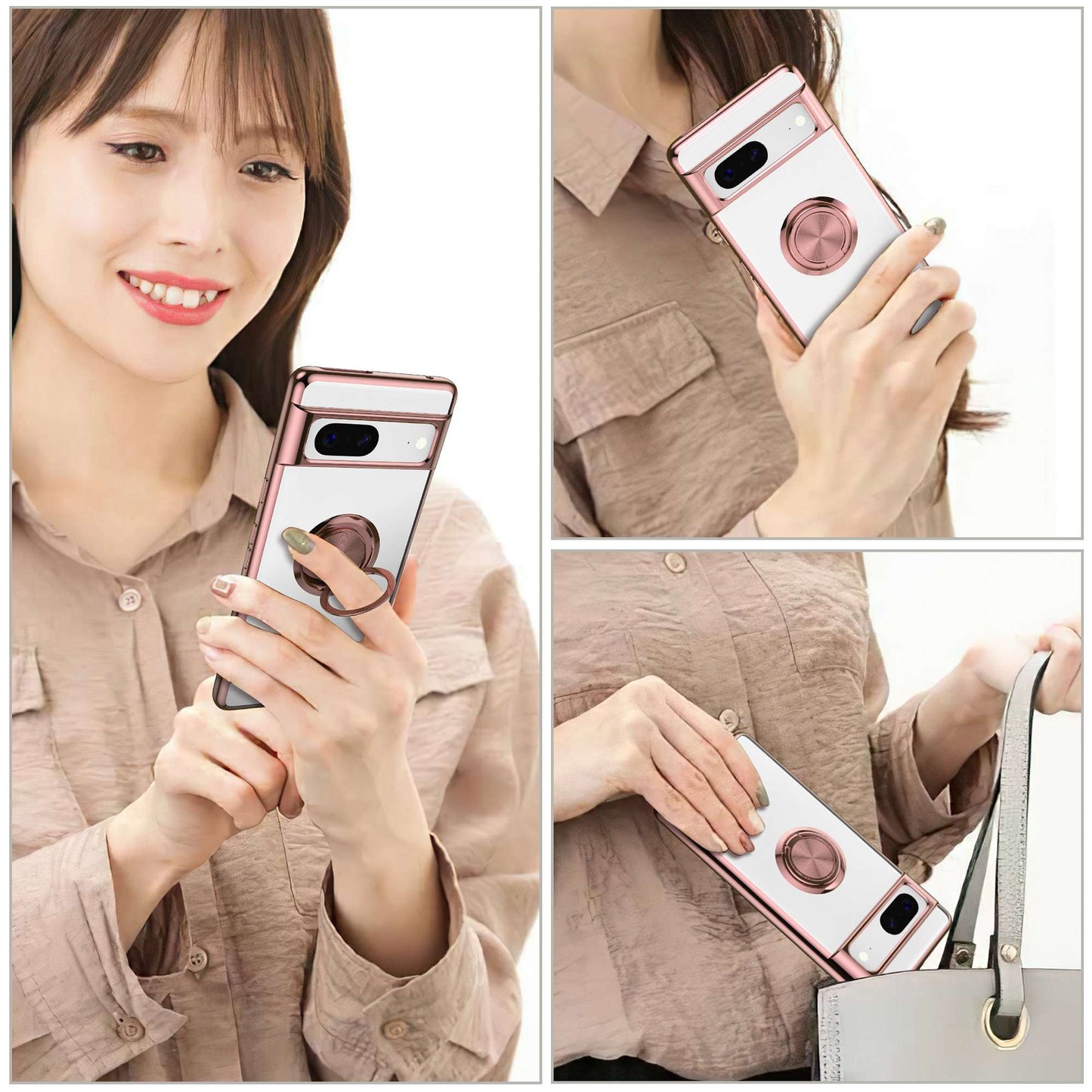 For Google Pixel 7 5G Electroplating TPU Phone Case Rotary Ring Holder Kickstand Transparent Back Cover