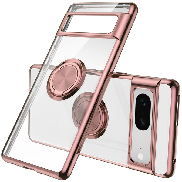 For Google Pixel 7 5G Electroplating TPU Phone Case Rotary Ring Holder Kickstand Transparent Back Cover