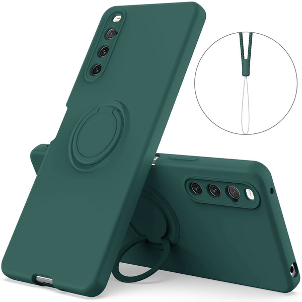 For Sony Xperia 10 IV 5G Ring Kickstand Design Liquid Silicone Phone Protective Case Anti-scratch Back Cover with Lanyard
