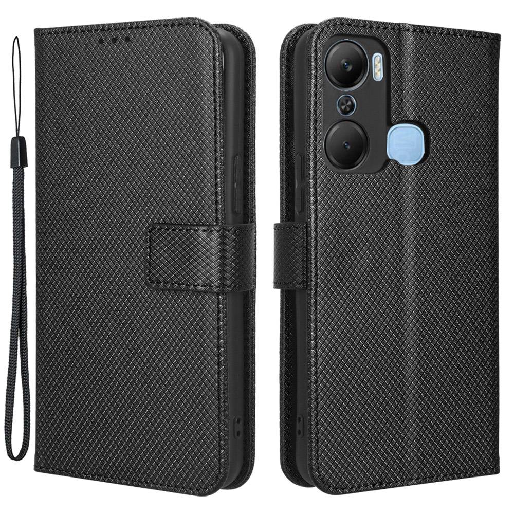 For Infinix Hot 12 Pro 4G X668C PU Leather Flip Folio Case Diamond Texture Stand Soft TPU Inner Shell Phone Cover with Strap