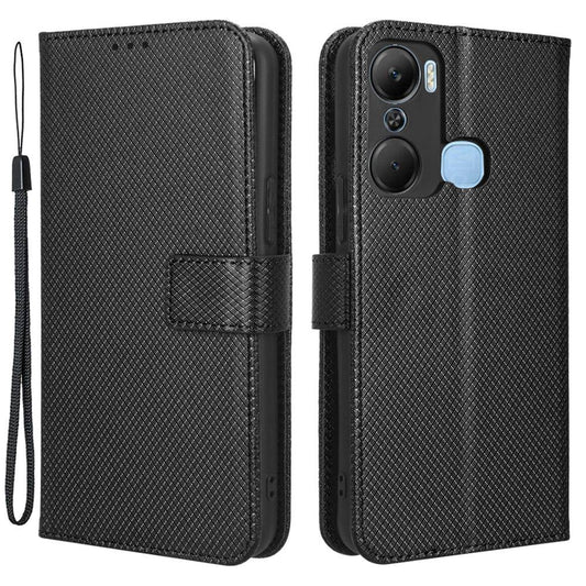 For Infinix Hot 12 Pro 4G X668C PU Leather Flip Folio Case Diamond Texture Stand Soft TPU Inner Shell Phone Cover with Strap