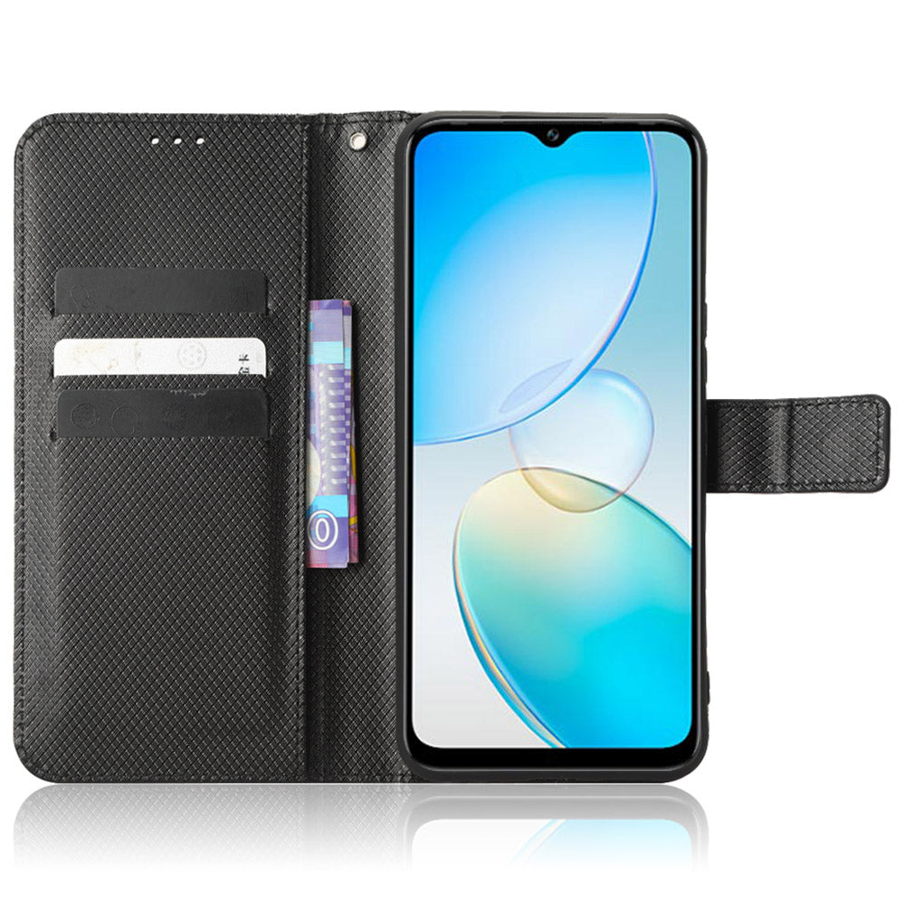 For Infinix Hot 12 Pro 4G X668C PU Leather Flip Folio Case Diamond Texture Stand Soft TPU Inner Shell Phone Cover with Strap