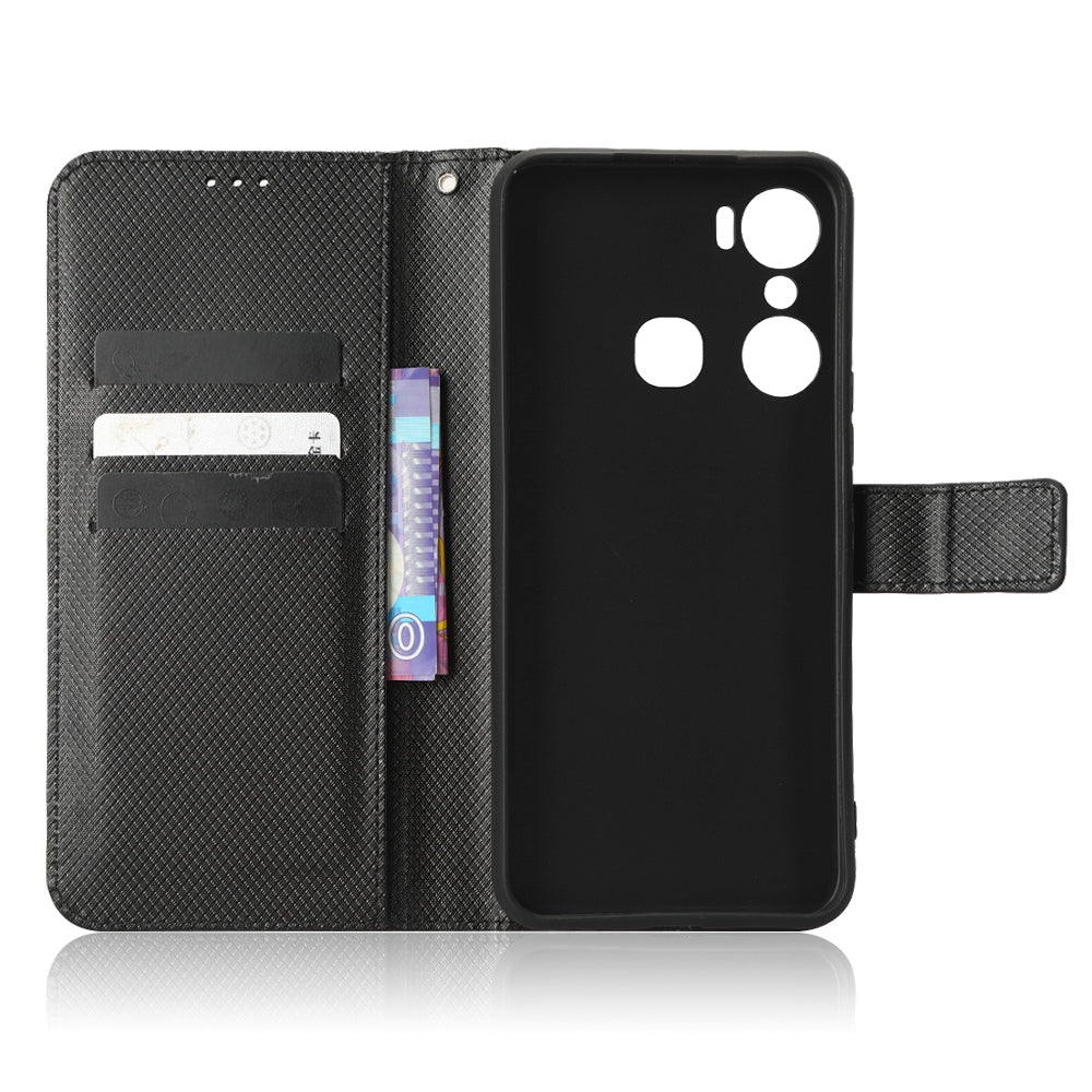 For Infinix Hot 12 Pro 4G X668C PU Leather Flip Folio Case Diamond Texture Stand Soft TPU Inner Shell Phone Cover with Strap