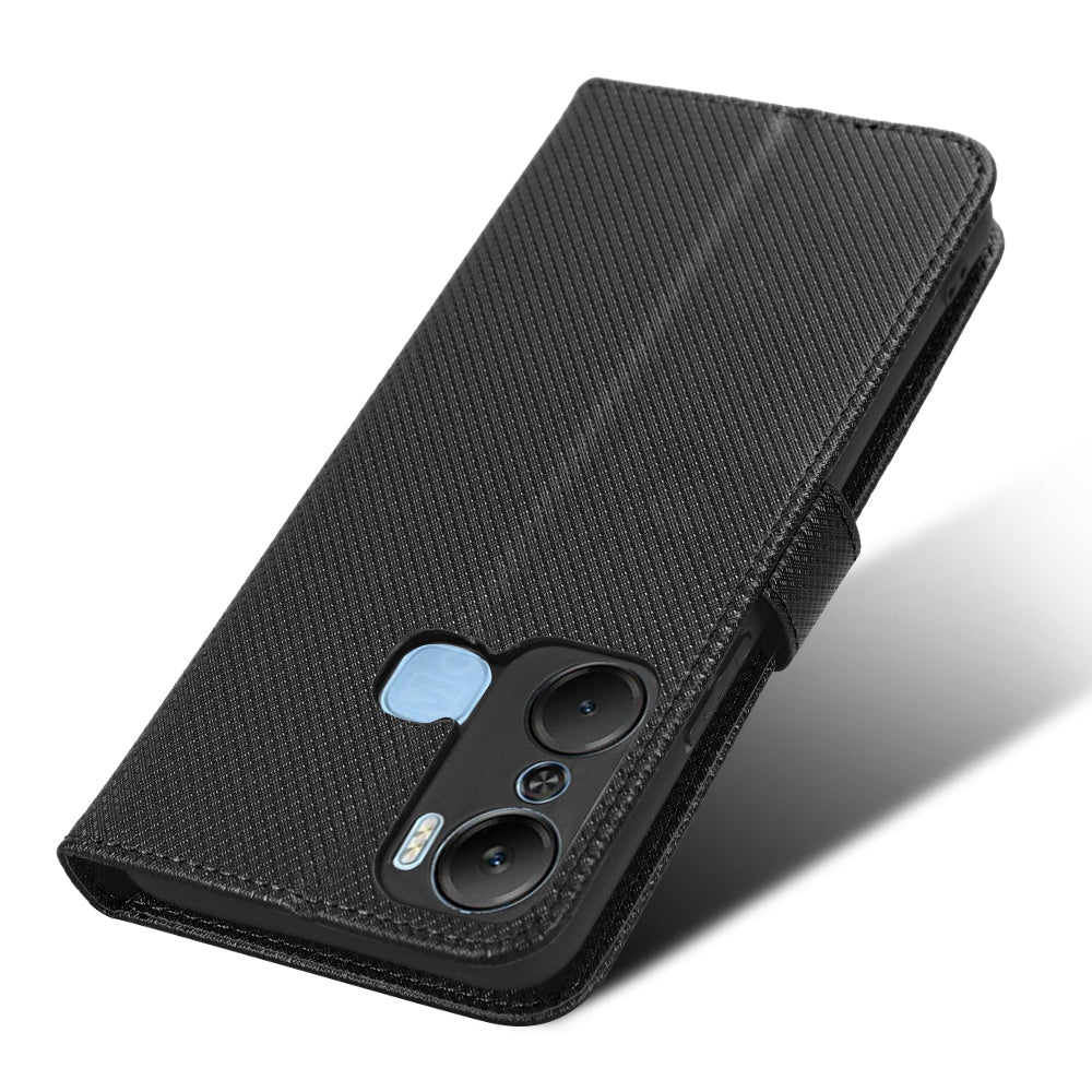 For Infinix Hot 12 Pro 4G X668C PU Leather Flip Folio Case Diamond Texture Stand Soft TPU Inner Shell Phone Cover with Strap