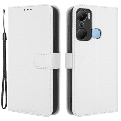 For Infinix Hot 12 Pro 4G X668C PU Leather Flip Folio Case Diamond Texture Stand Soft TPU Inner Shell Phone Cover with Strap
