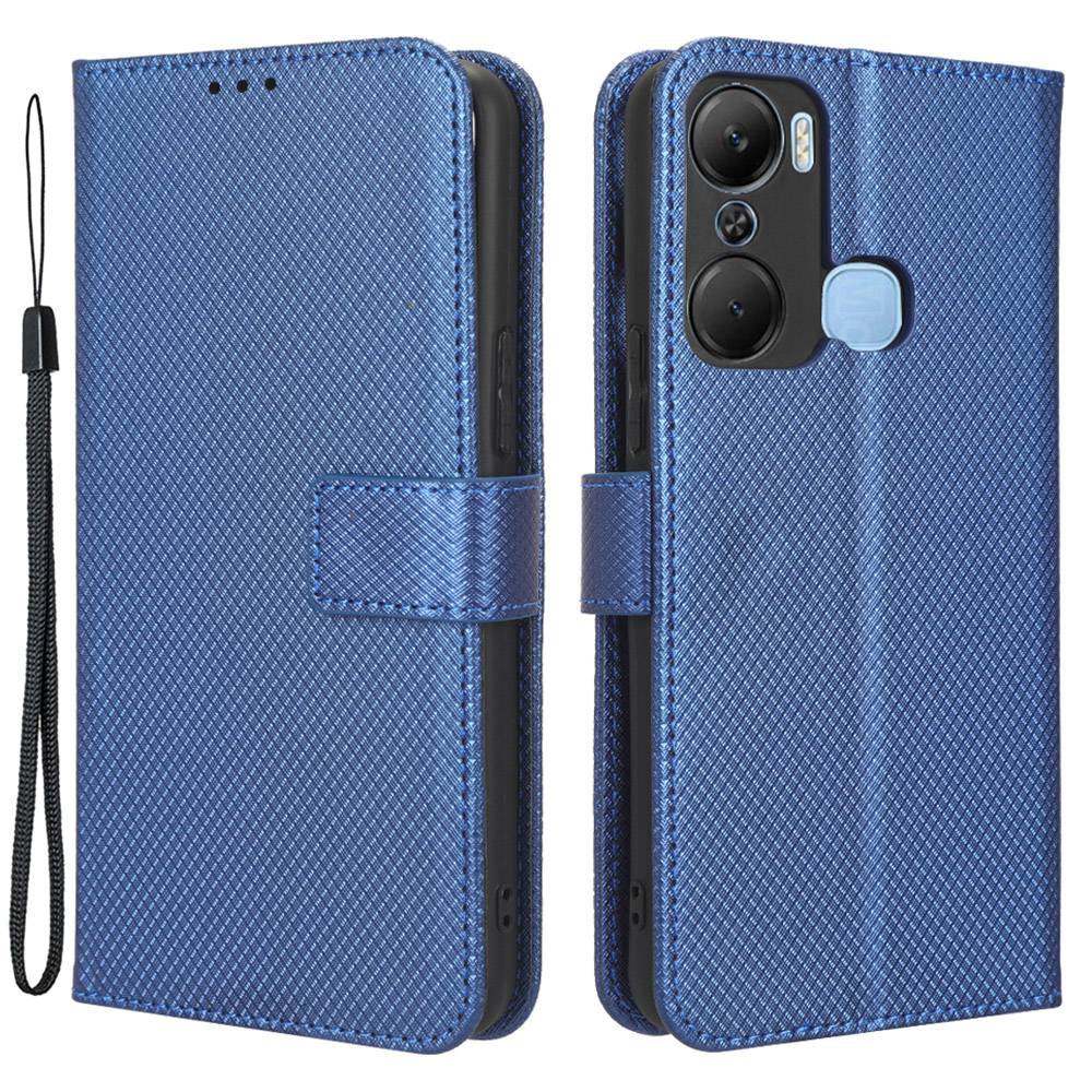 For Infinix Hot 12 Pro 4G X668C PU Leather Flip Folio Case Diamond Texture Stand Soft TPU Inner Shell Phone Cover with Strap