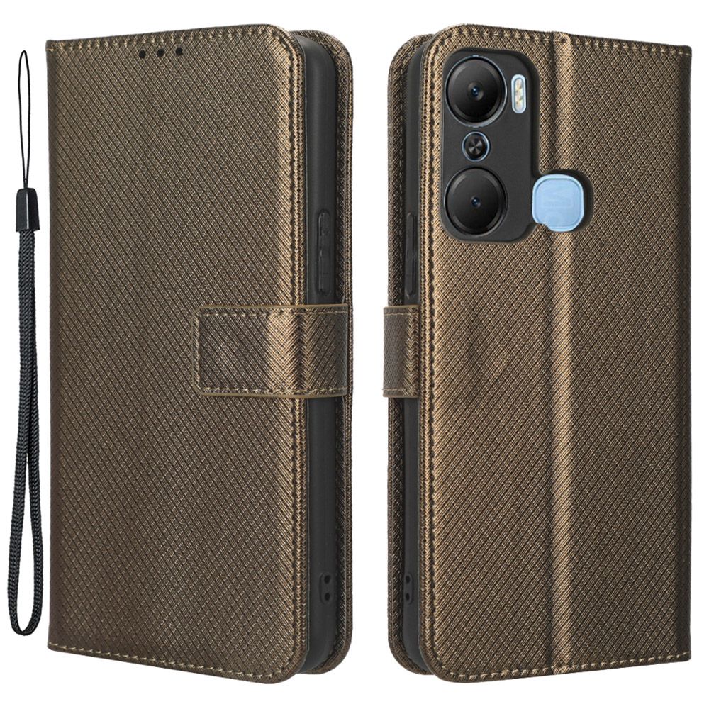 For Infinix Hot 12 Pro 4G X668C PU Leather Flip Folio Case Diamond Texture Stand Soft TPU Inner Shell Phone Cover with Strap