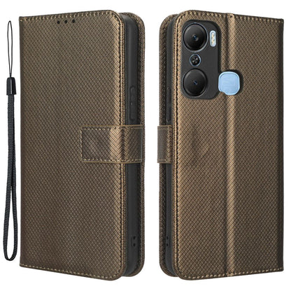 For Infinix Hot 12 Pro 4G X668C PU Leather Flip Folio Case Diamond Texture Stand Soft TPU Inner Shell Phone Cover with Strap