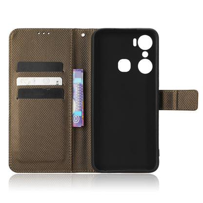 For Infinix Hot 12 Pro 4G X668C PU Leather Flip Folio Case Diamond Texture Stand Soft TPU Inner Shell Phone Cover with Strap