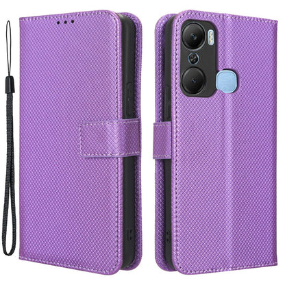 For Infinix Hot 12 Pro 4G X668C PU Leather Flip Folio Case Diamond Texture Stand Soft TPU Inner Shell Phone Cover with Strap