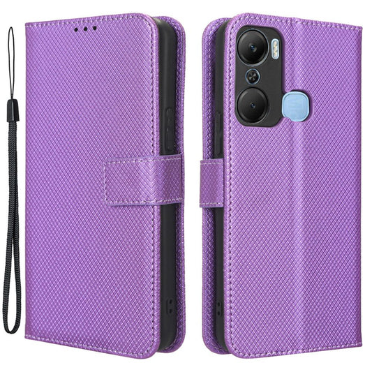 For Infinix Hot 12 Pro 4G X668C PU Leather Flip Folio Case Diamond Texture Stand Soft TPU Inner Shell Phone Cover with Strap