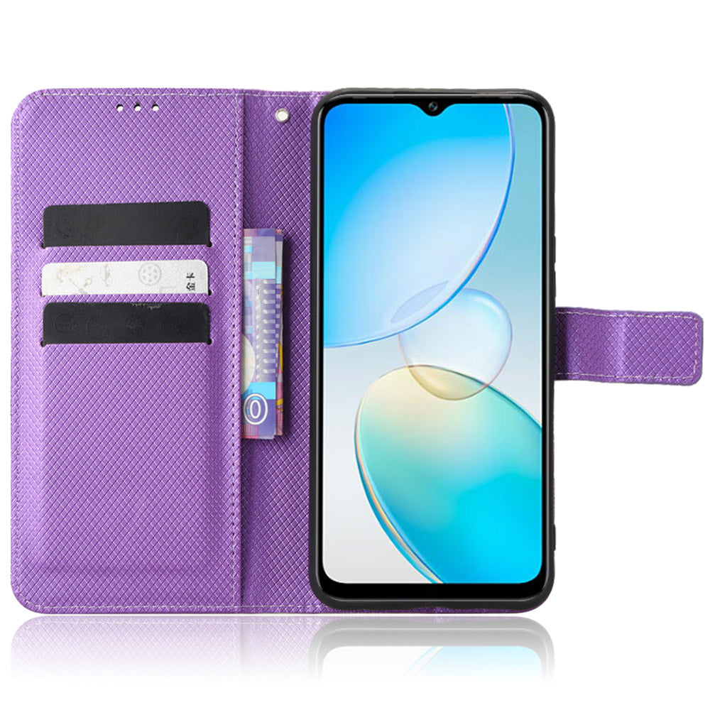 For Infinix Hot 12 Pro 4G X668C PU Leather Flip Folio Case Diamond Texture Stand Soft TPU Inner Shell Phone Cover with Strap