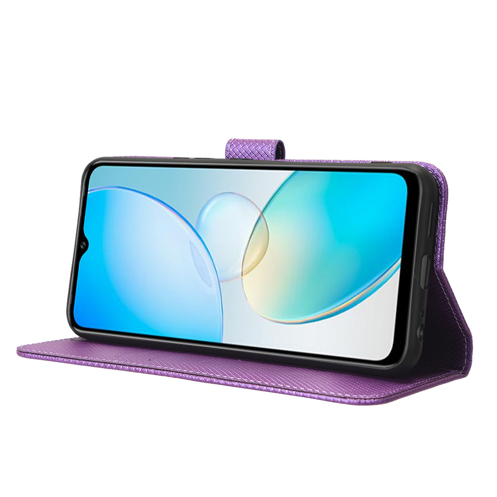For Infinix Hot 12 Pro 4G X668C PU Leather Flip Folio Case Diamond Texture Stand Soft TPU Inner Shell Phone Cover with Strap