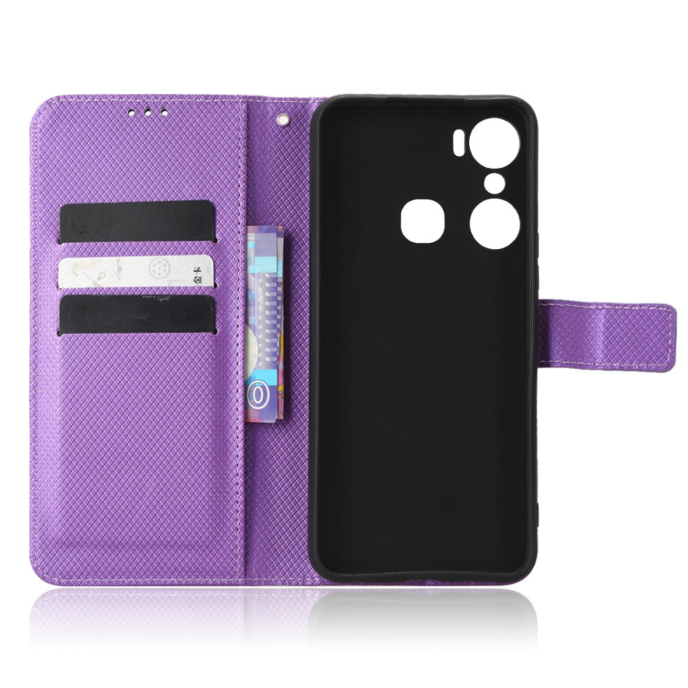 For Infinix Hot 12 Pro 4G X668C PU Leather Flip Folio Case Diamond Texture Stand Soft TPU Inner Shell Phone Cover with Strap
