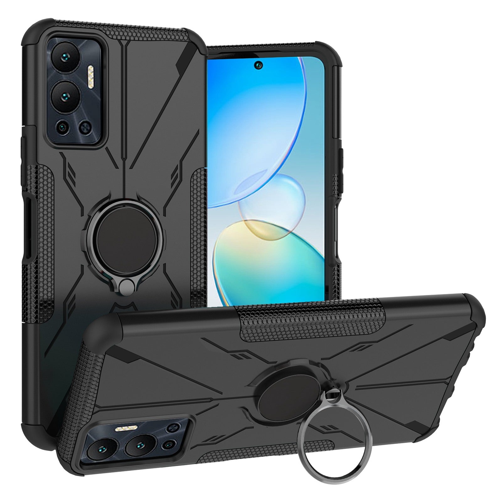 For Infinix Hot 12 4G Hard PC Soft TPU Impact-Resistant Cover Ring Car Mount Kickstand Shockproof Protective Phone Case