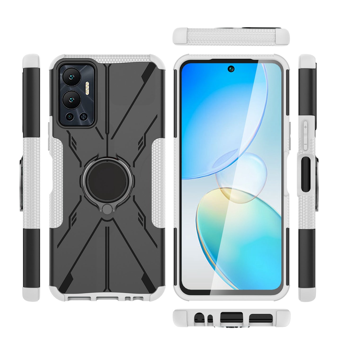 For Infinix Hot 12 4G Hard PC Soft TPU Impact-Resistant Cover Ring Car Mount Kickstand Shockproof Protective Phone Case