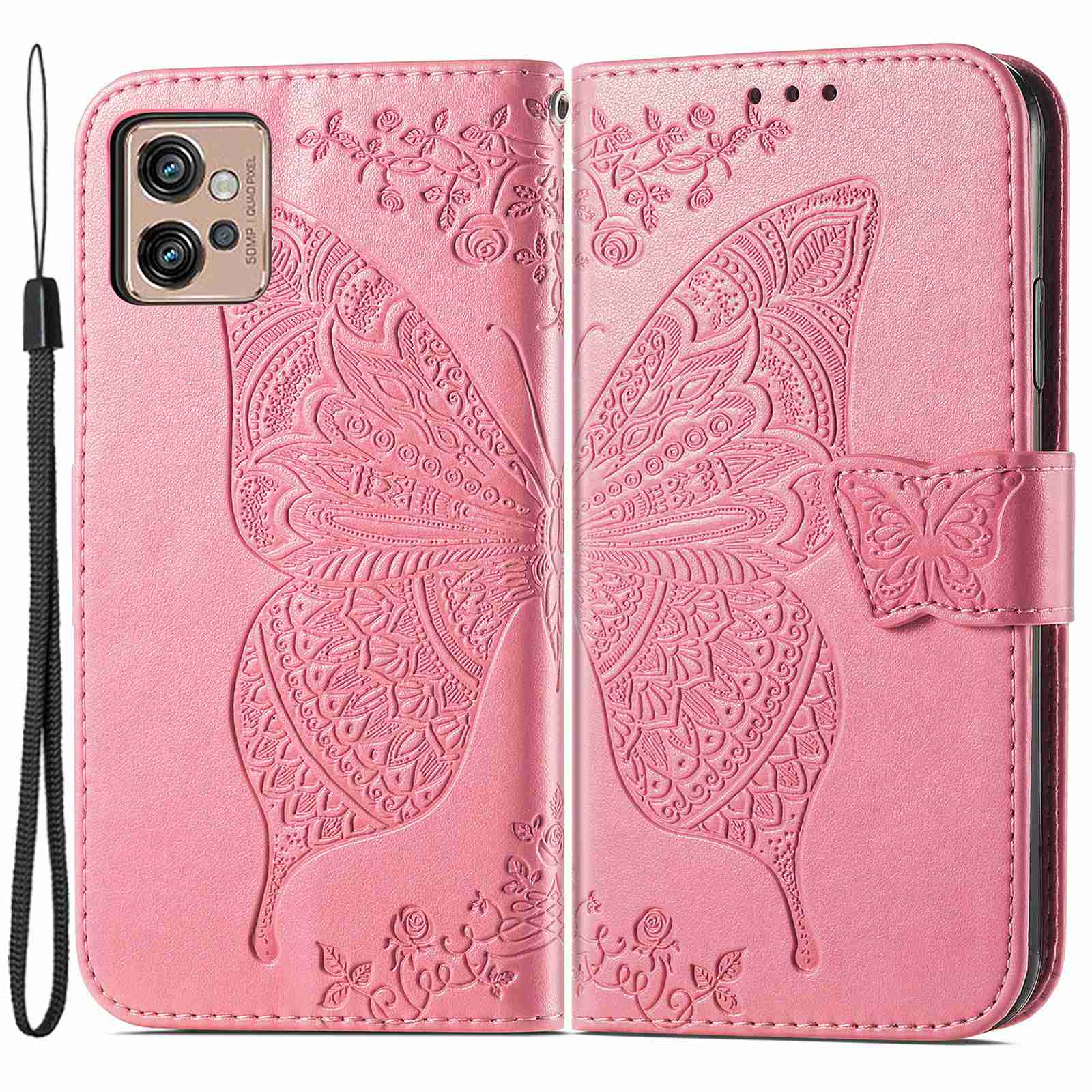 For Motorola Moto G32 4G Imprinted Butterfly Pattern PU Leather Stand Case Magnetic Clasp Phone Wallet Cover with Strap