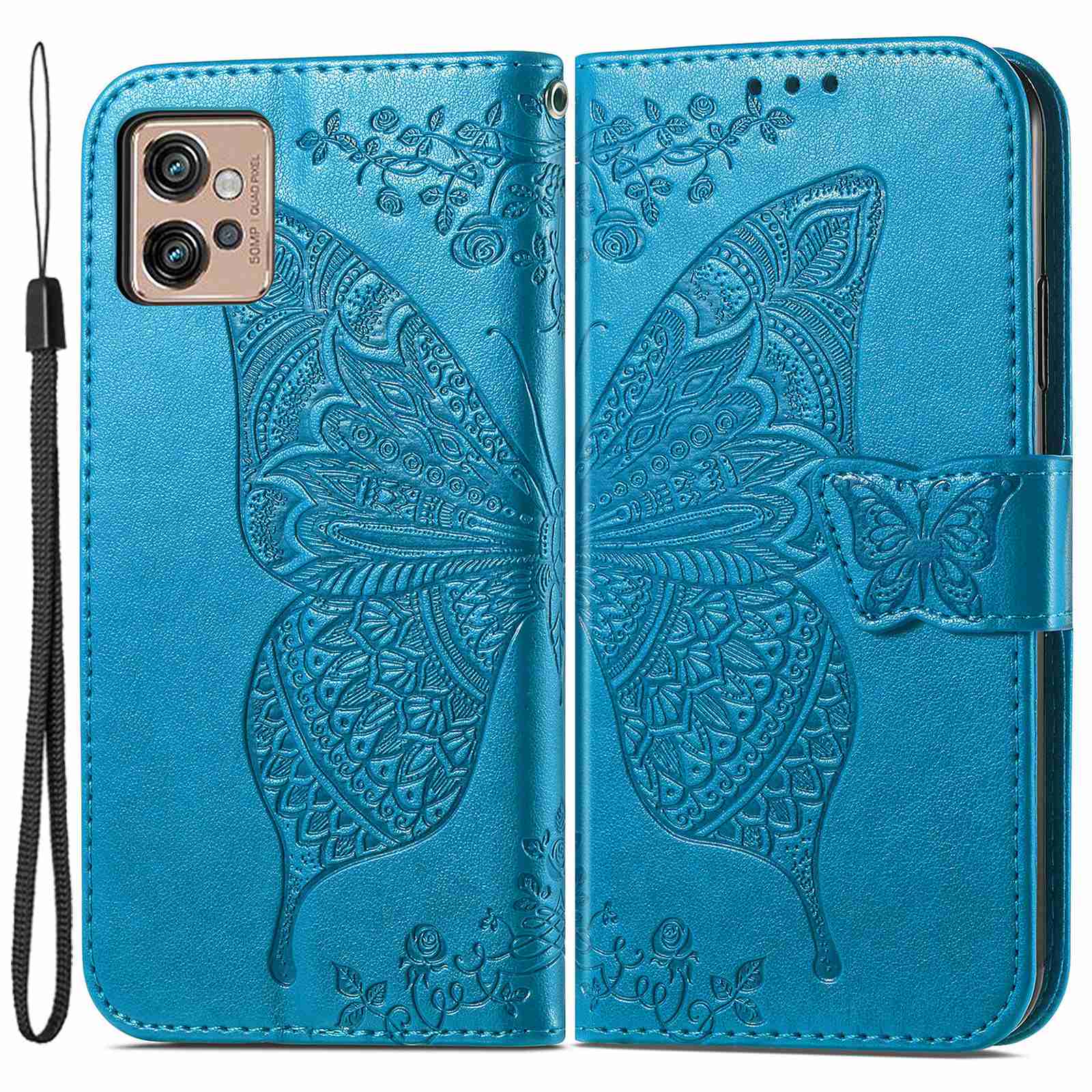 For Motorola Moto G32 4G Imprinted Butterfly Pattern PU Leather Stand Case Magnetic Clasp Phone Wallet Cover with Strap